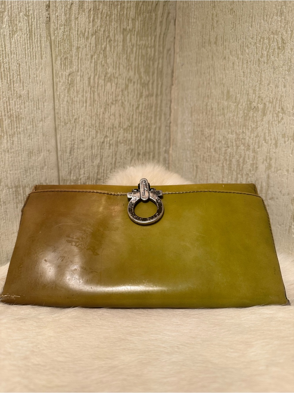 Salvatore Ferragamo Olive Green Patent Wallet- Rehab me!